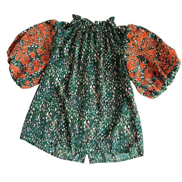 THML Say It All Green Floral Blouse Orange Embroidered Puff Sleeves Size XS - Picture 2 of 10